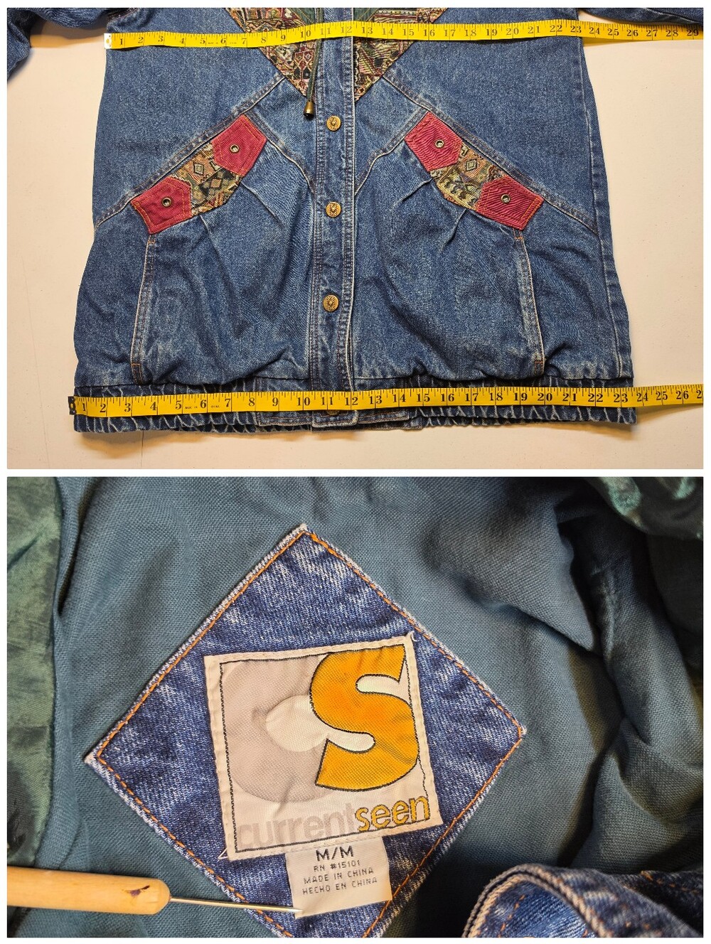 Vintage Denim Blue Jean Oversized Jacket Aztec Tapestry Corduroy Patchwork - Picture 12 of 14